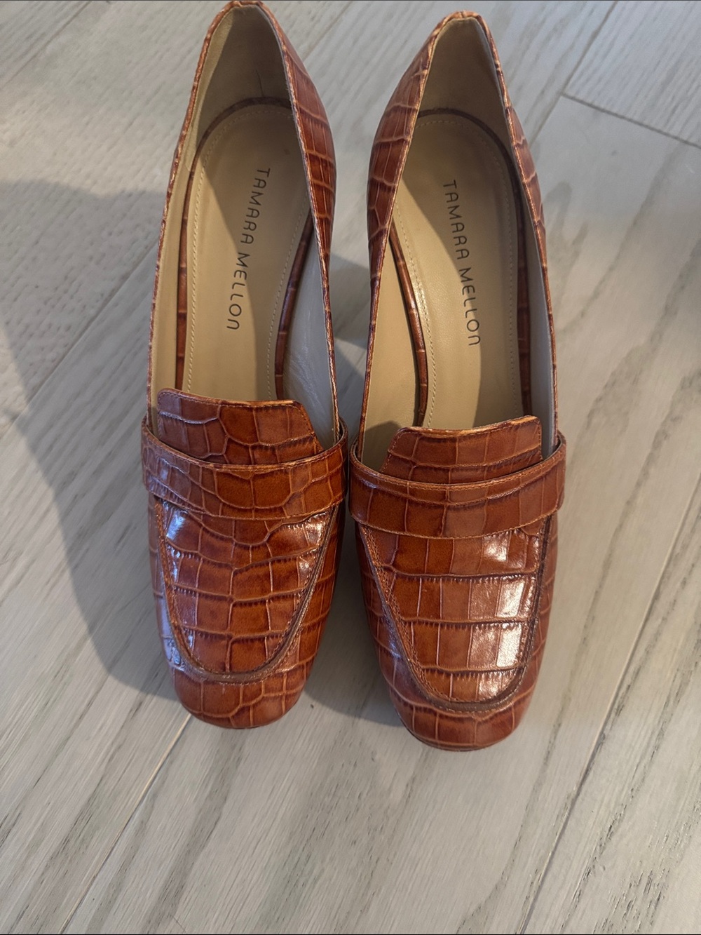 Tamara Mellon Vita Cognac Croc-Embossed Leather Loafers